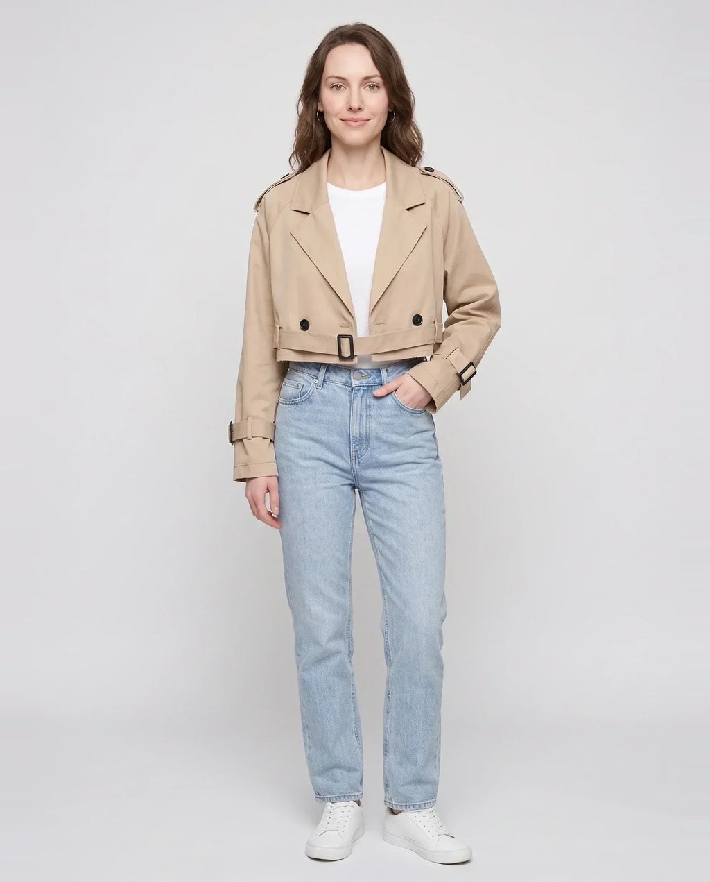 Women's beige cropped trench jacket with belt and buckle details