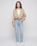 Women's beige cropped trench jacket with belt and buckle details
