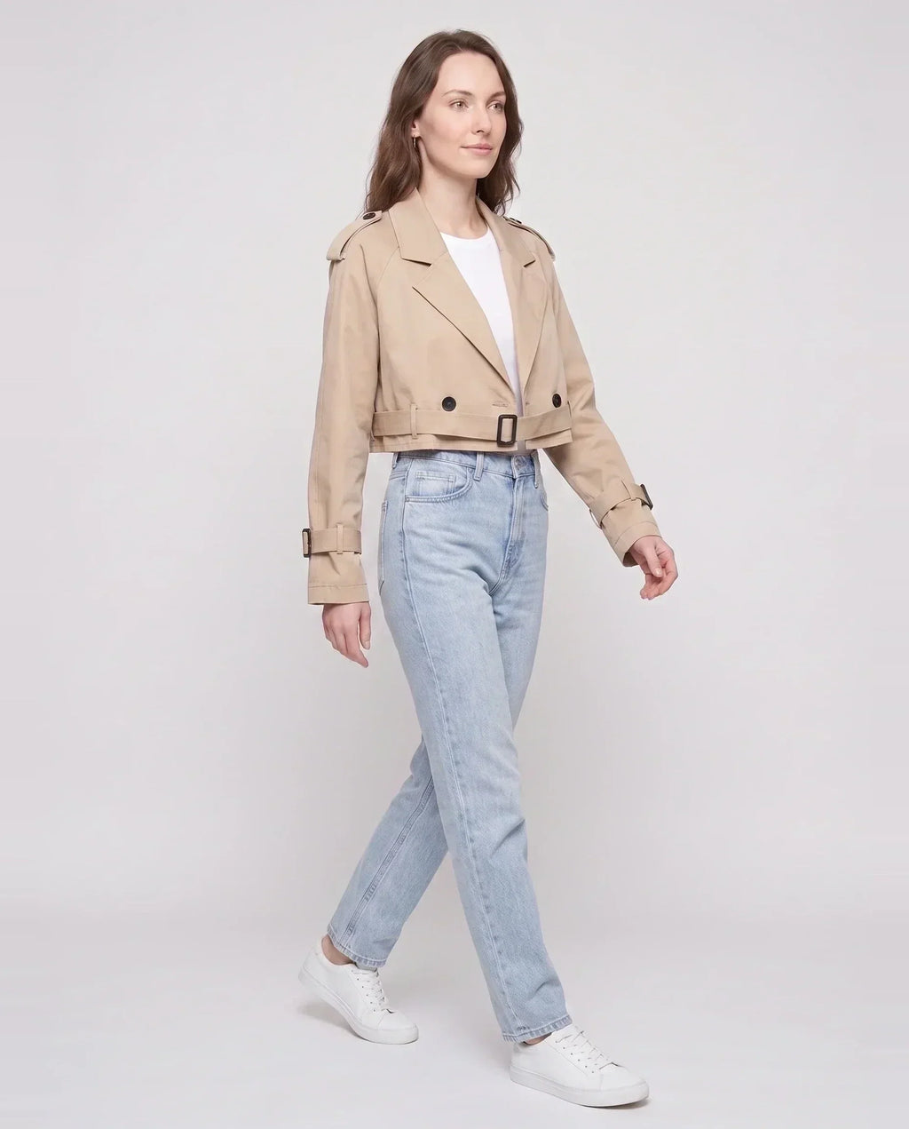 Women's beige cropped trench jacket with belt and buckle details