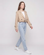 Women's beige cropped trench jacket with belt and buckle details