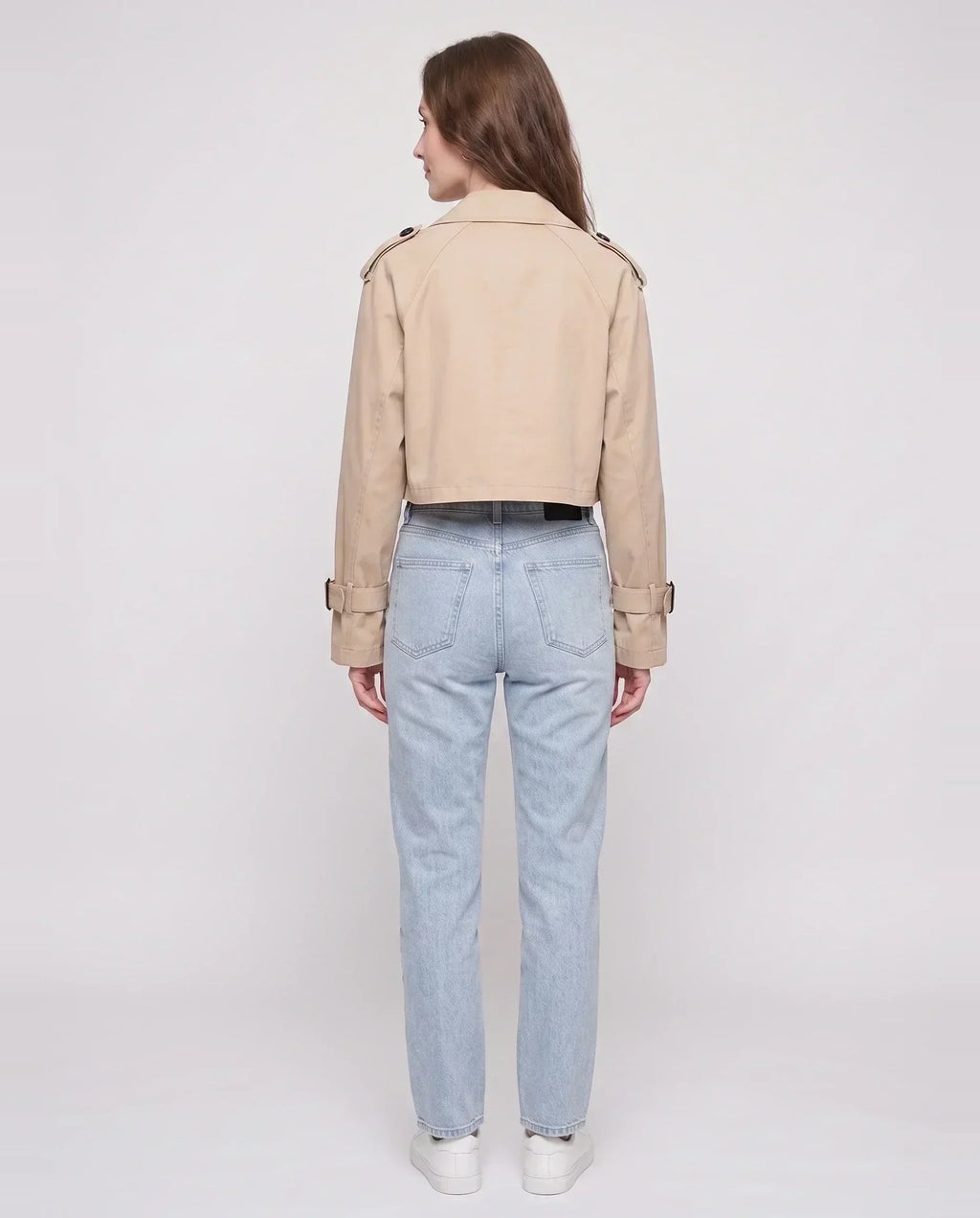 Women's beige cropped trench jacket with belt and buckle details