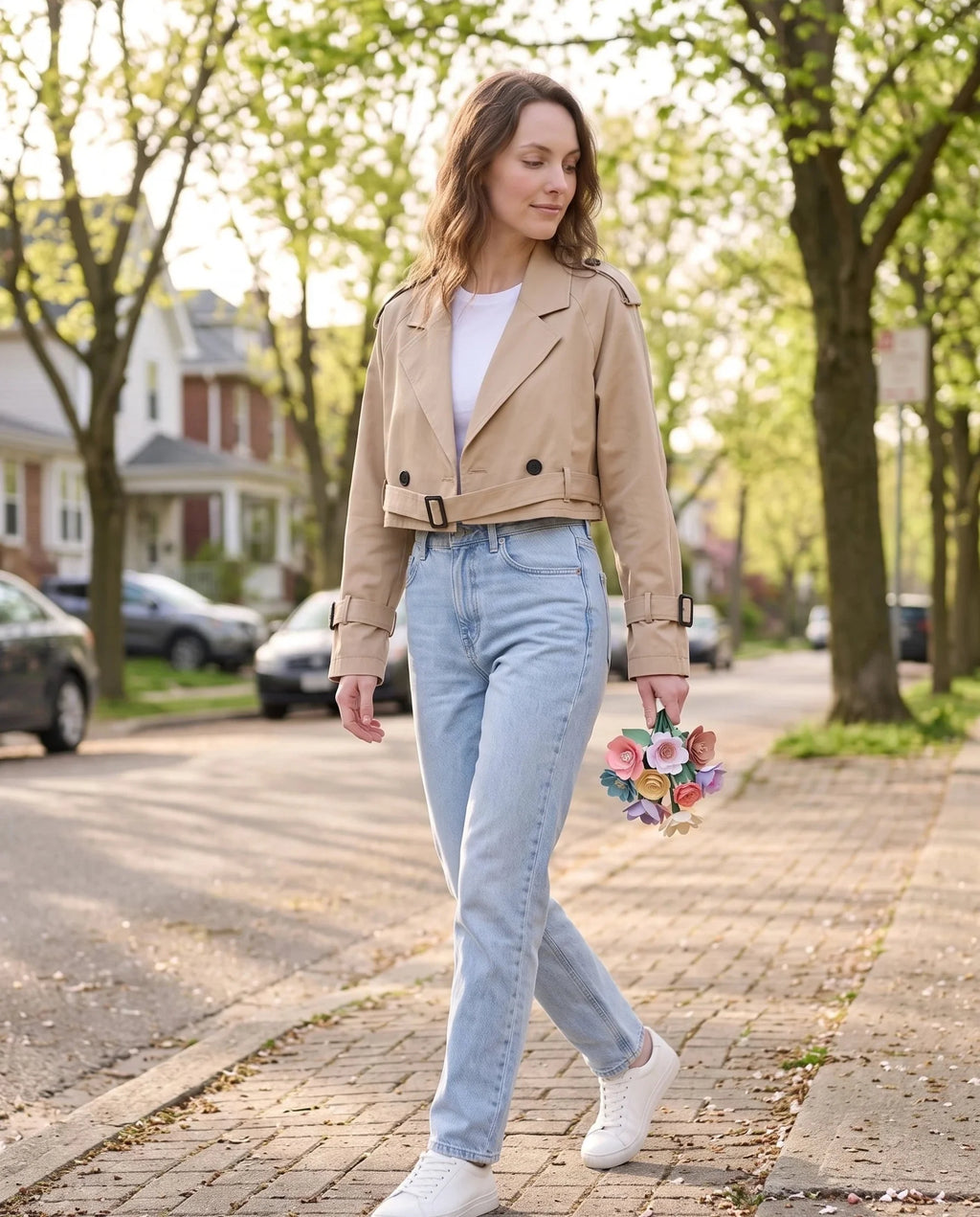 Women's beige cropped trench jacket with belt and buckle details