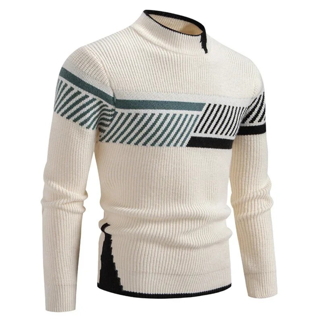 Men's ribbed jumper with mock neck and geometric colour-block pattern