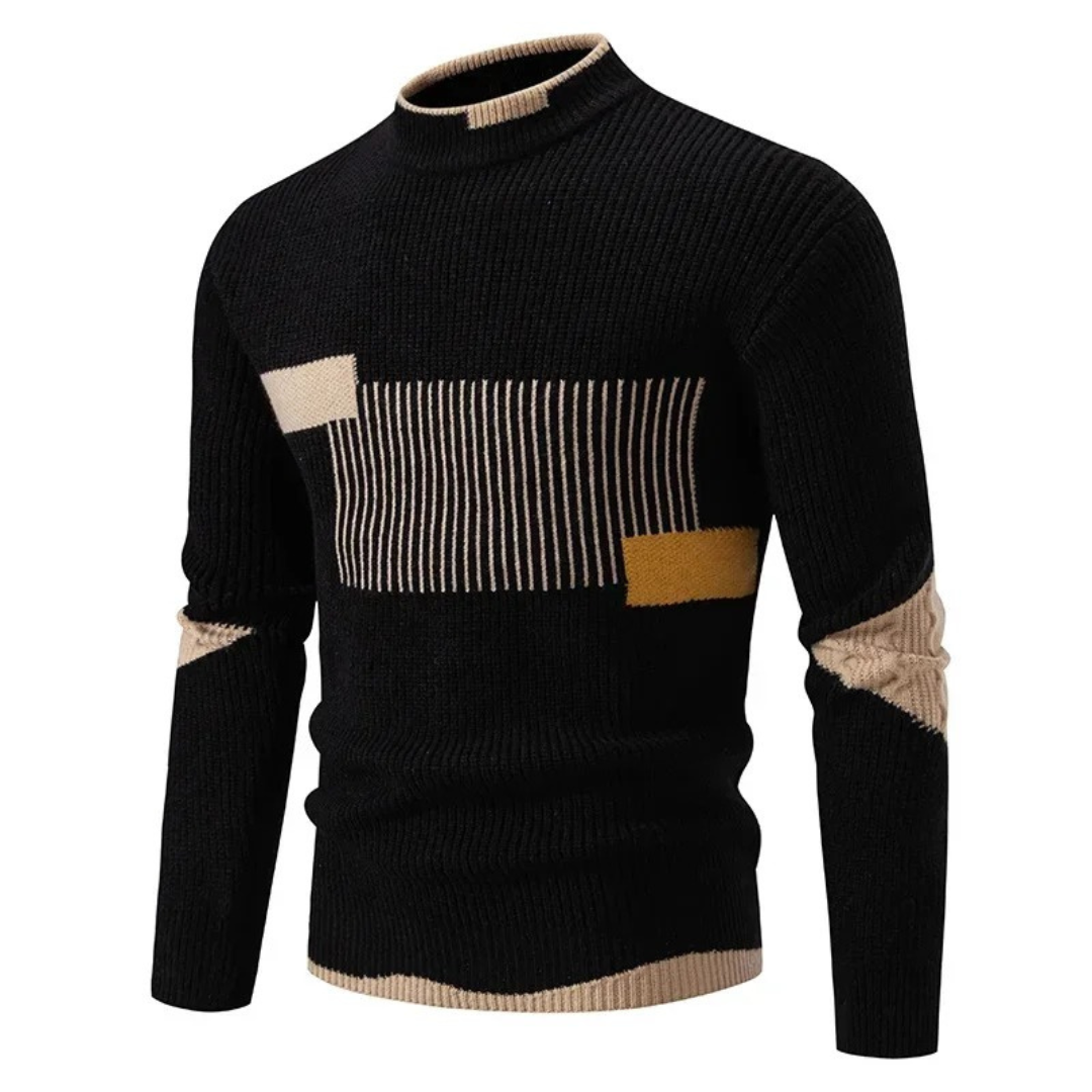 Men's ribbed jumper with mock neck and geometric colour-block pattern