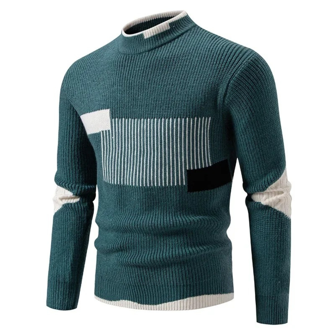 Men's ribbed jumper with mock neck and geometric colour-block pattern