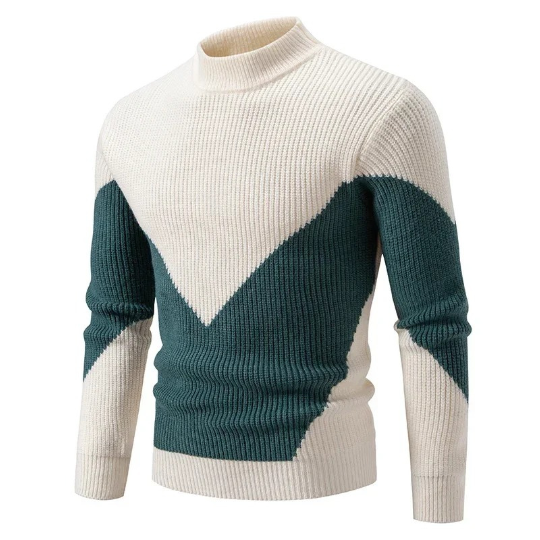 Men's ribbed jumper with mock neck and geometric colour-block pattern