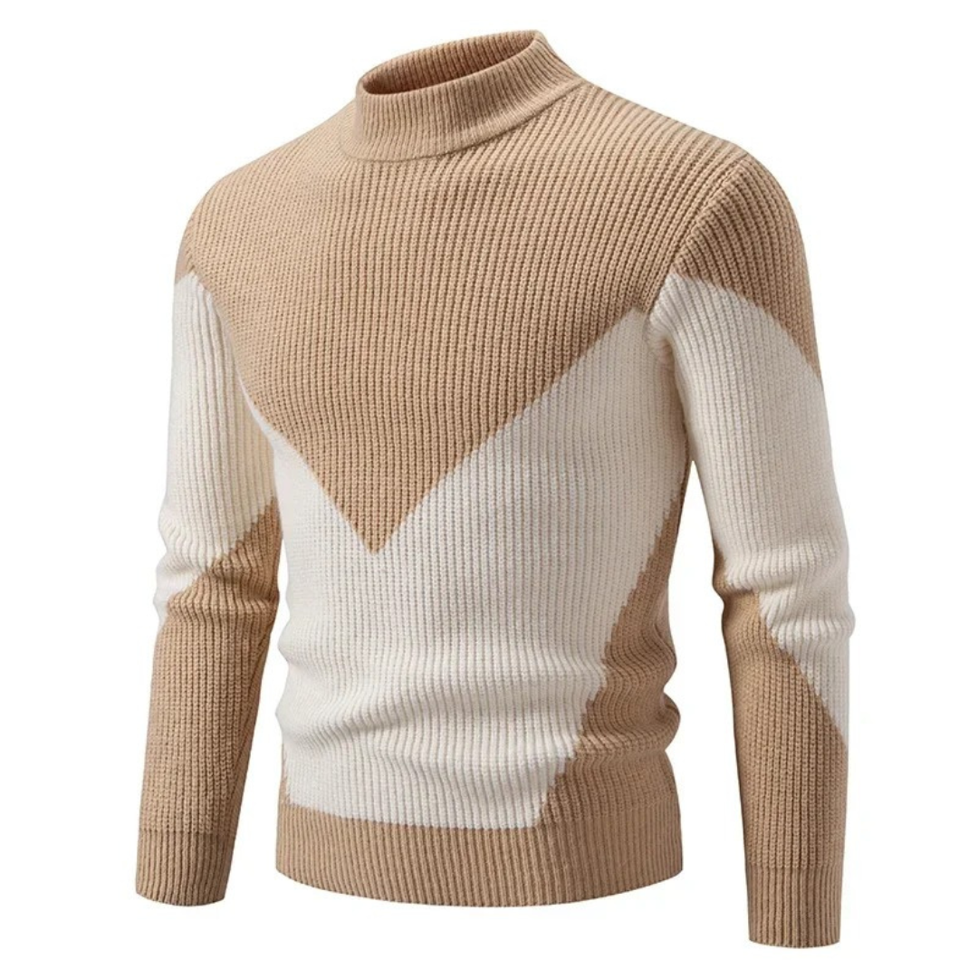 Men's ribbed jumper with mock neck and geometric colour-block pattern