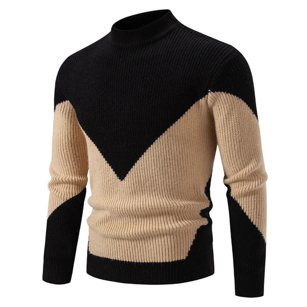Men's ribbed jumper with mock neck and geometric colour-block pattern