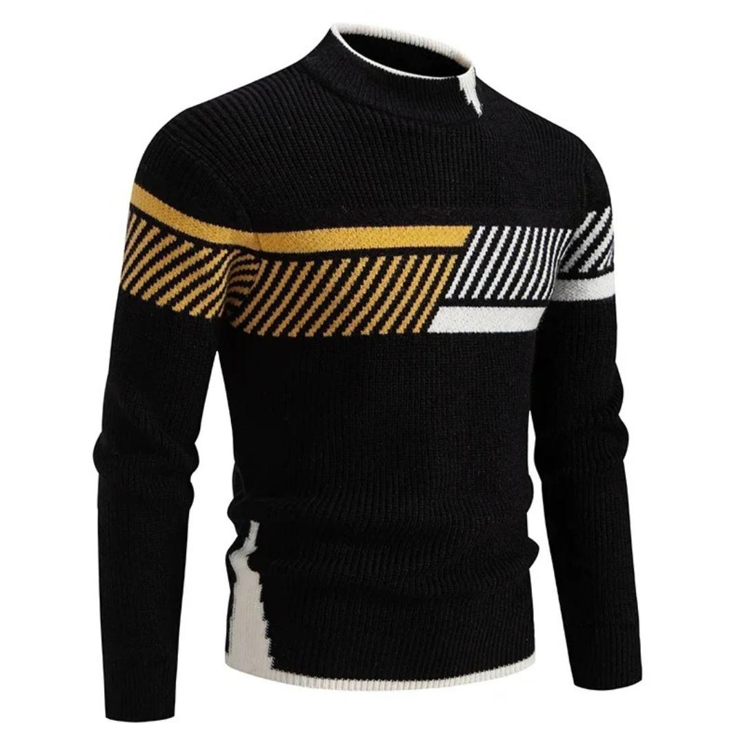 Men's ribbed jumper with mock neck and geometric colour-block pattern
