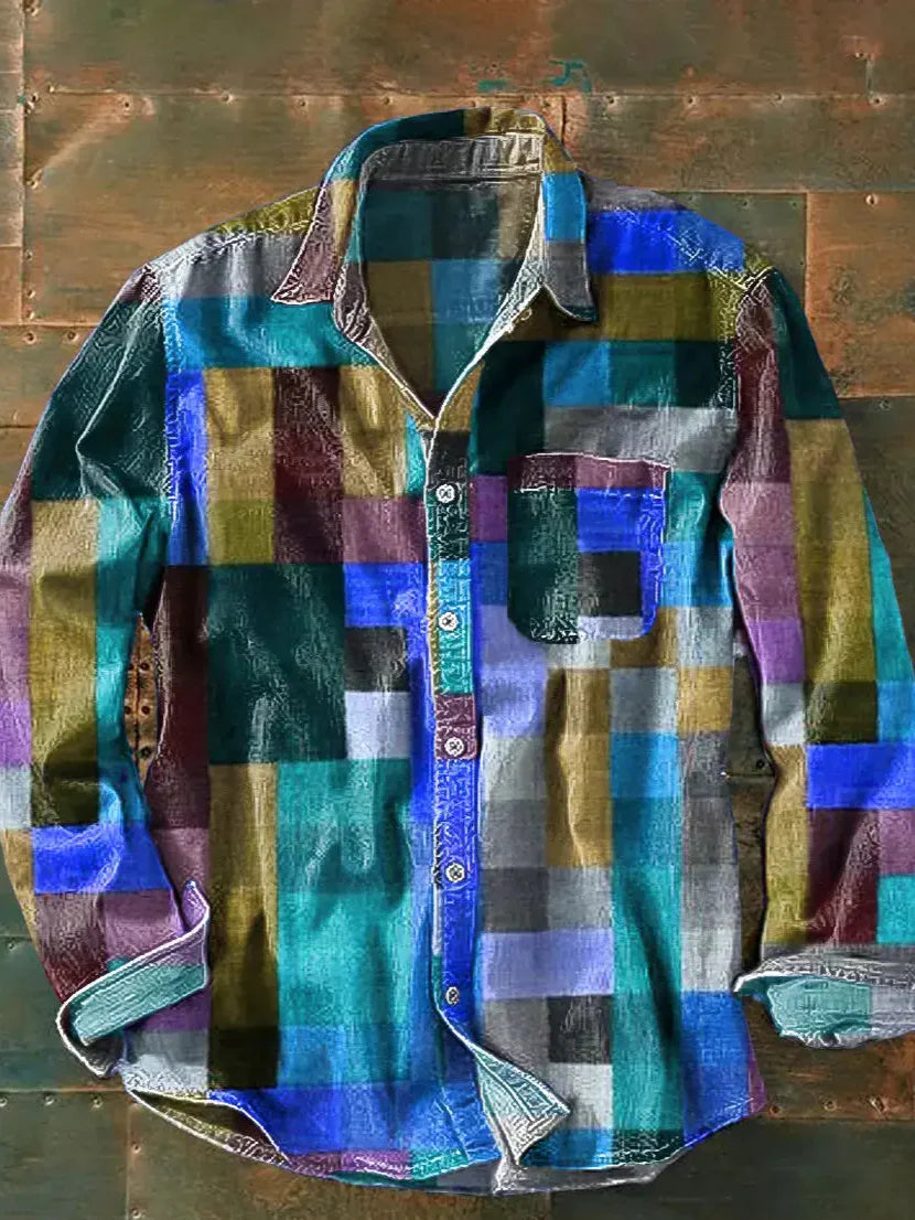 Men's multicoloured checked patchwork shirt with long sleeves, spread collar and chest pocket