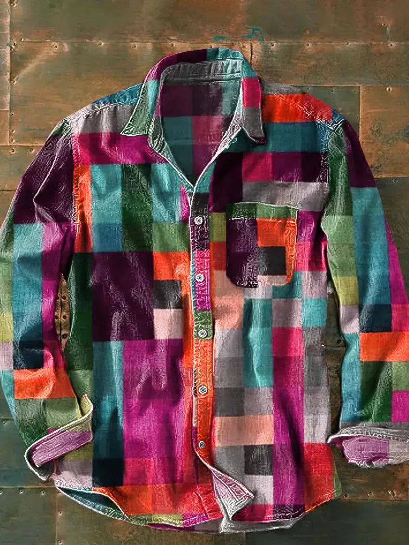 Men's multicoloured checked patchwork shirt with long sleeves, spread collar and chest pocket