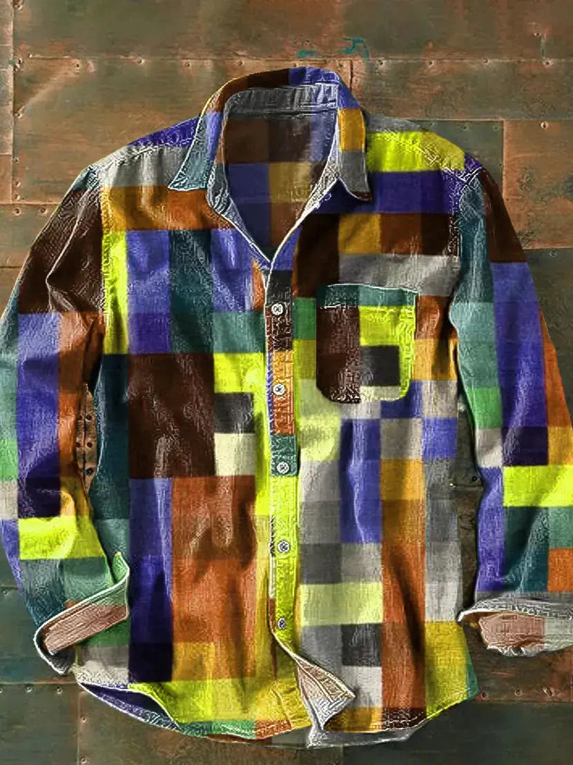 Men's multicoloured checked patchwork shirt with long sleeves, spread collar and chest pocket