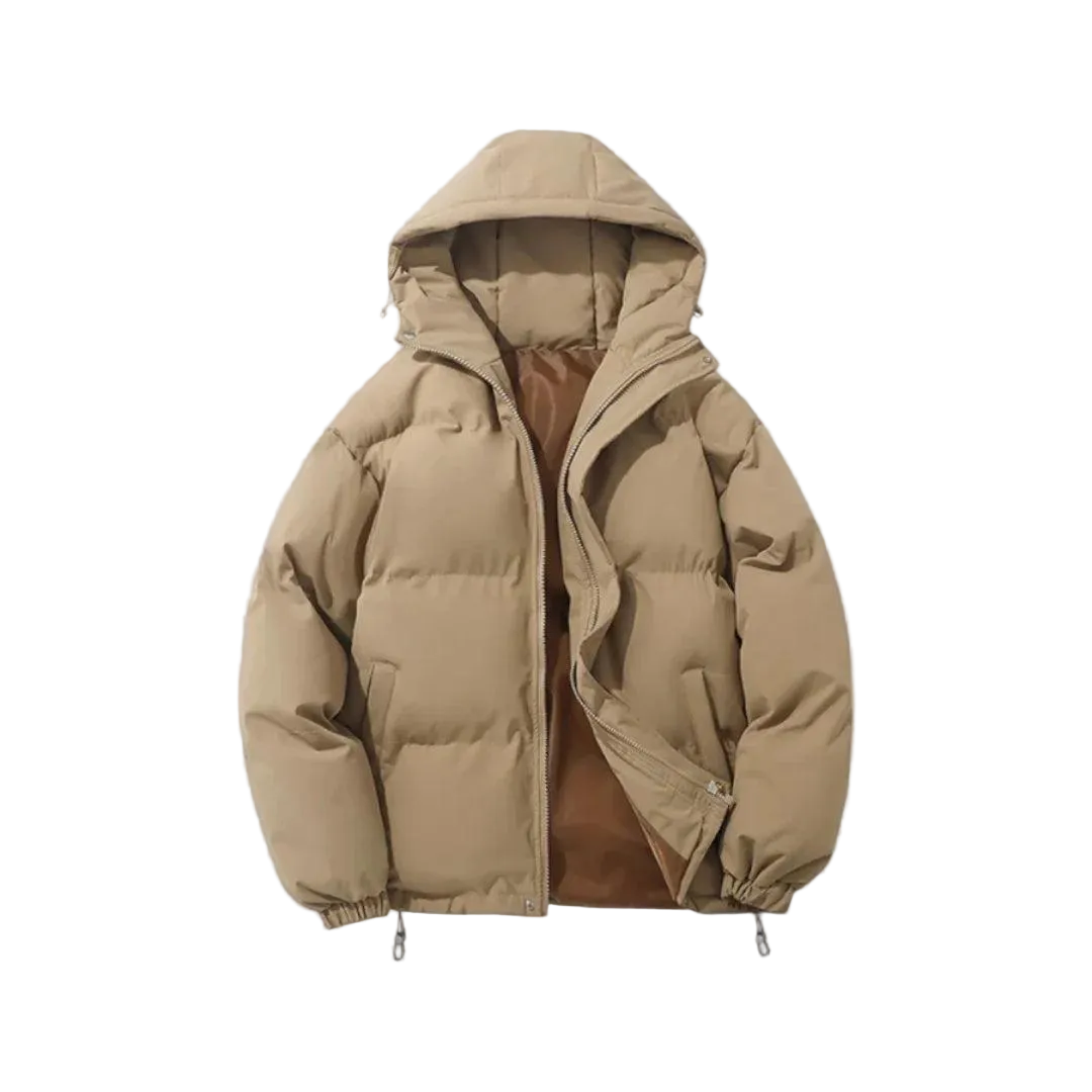 Unisex padded hooded jacket with zip front and zipped pockets