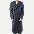 Men's navy double-breasted longline overcoat with notched lapels