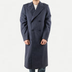 Men's navy double-breasted longline overcoat with notched lapels