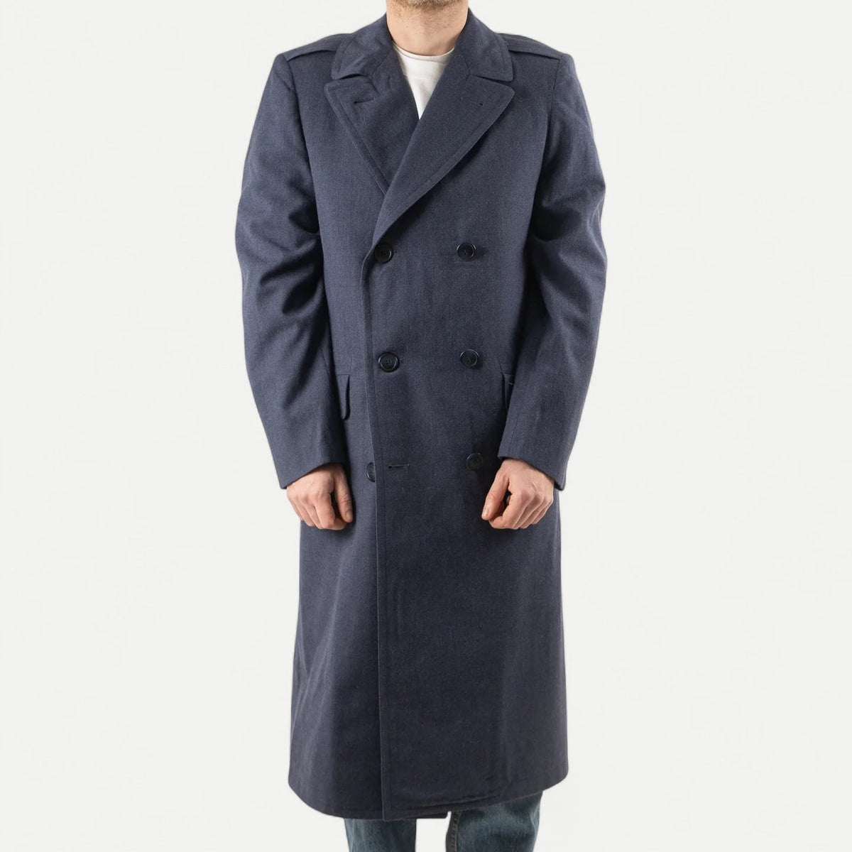 Men's navy double-breasted longline overcoat with notched lapels