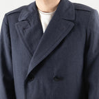 Men's navy double-breasted longline overcoat with notched lapels