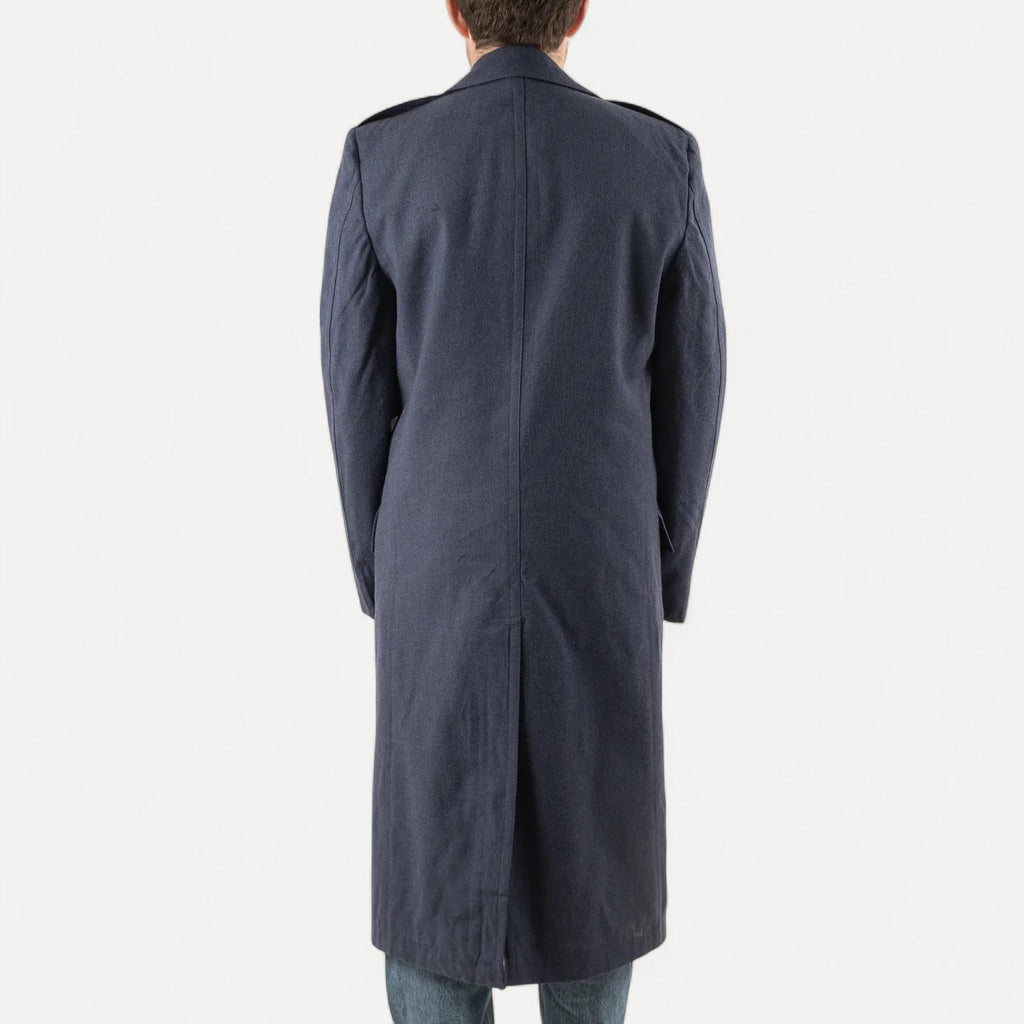 Men's navy double-breasted longline overcoat with notched lapels