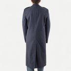 Men's navy double-breasted longline overcoat with notched lapels