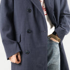 Men's navy double-breasted longline overcoat with notched lapels