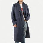 Men's navy double-breasted longline overcoat with notched lapels