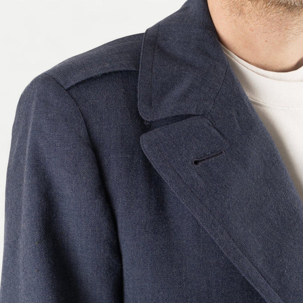 Men's navy double-breasted longline overcoat with notched lapels