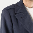 Men's navy double-breasted longline overcoat with notched lapels