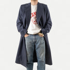 Men's navy double-breasted longline overcoat with notched lapels