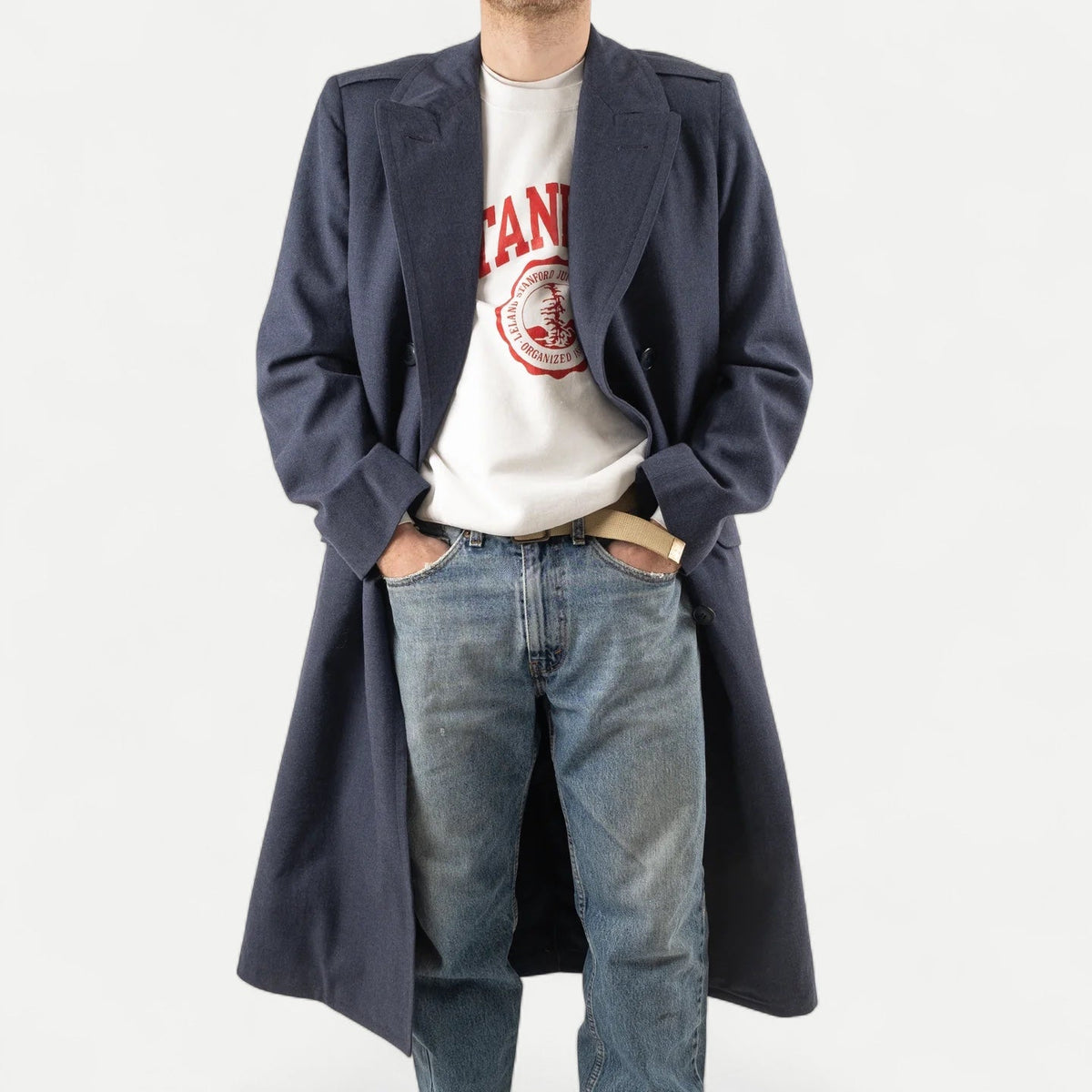Men's navy double-breasted longline overcoat with notched lapels