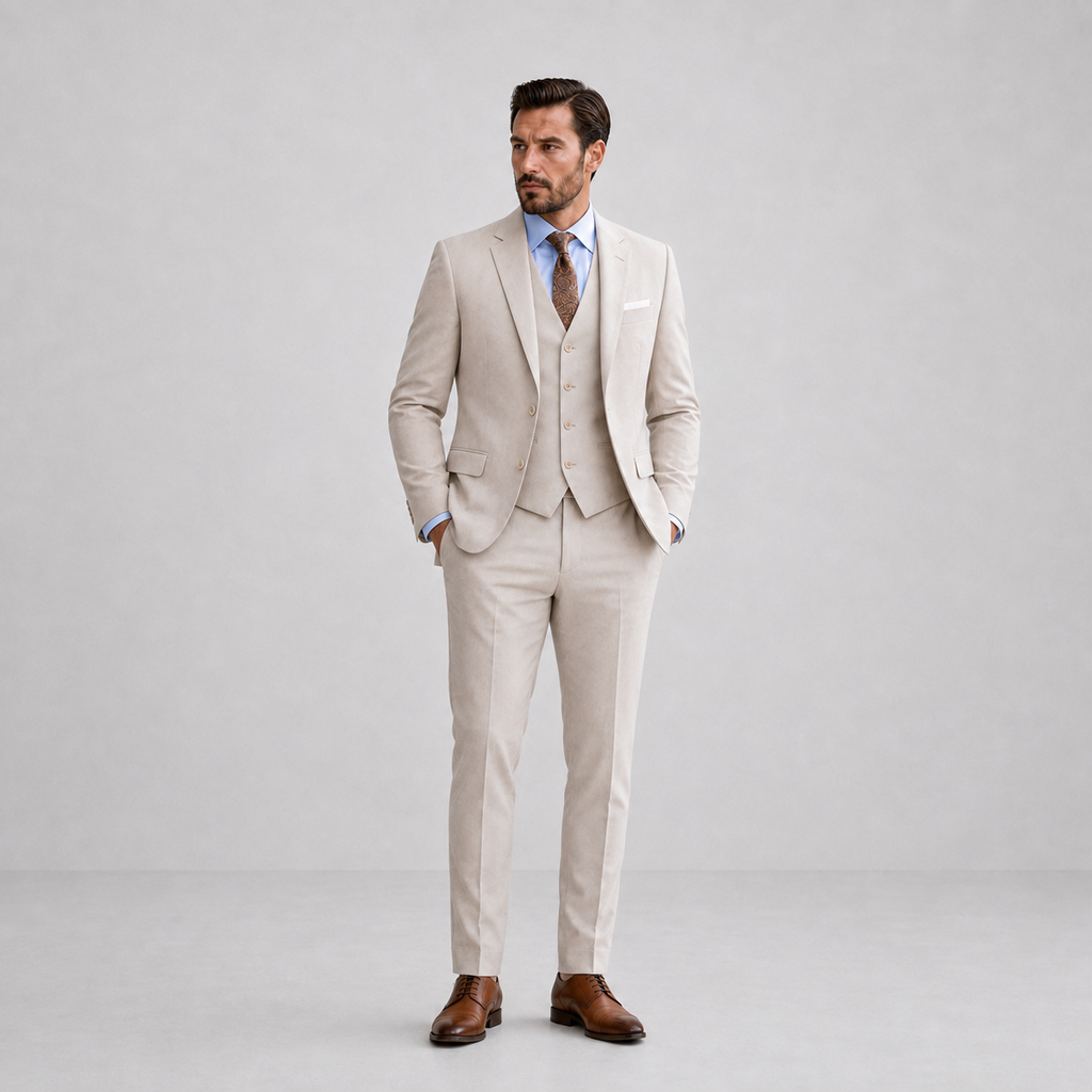 Men's three-piece suit with notched-lapel jacket, buttoned waistcoat and matching trousers