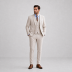 Men's three-piece suit with notched-lapel jacket, buttoned waistcoat and matching trousers