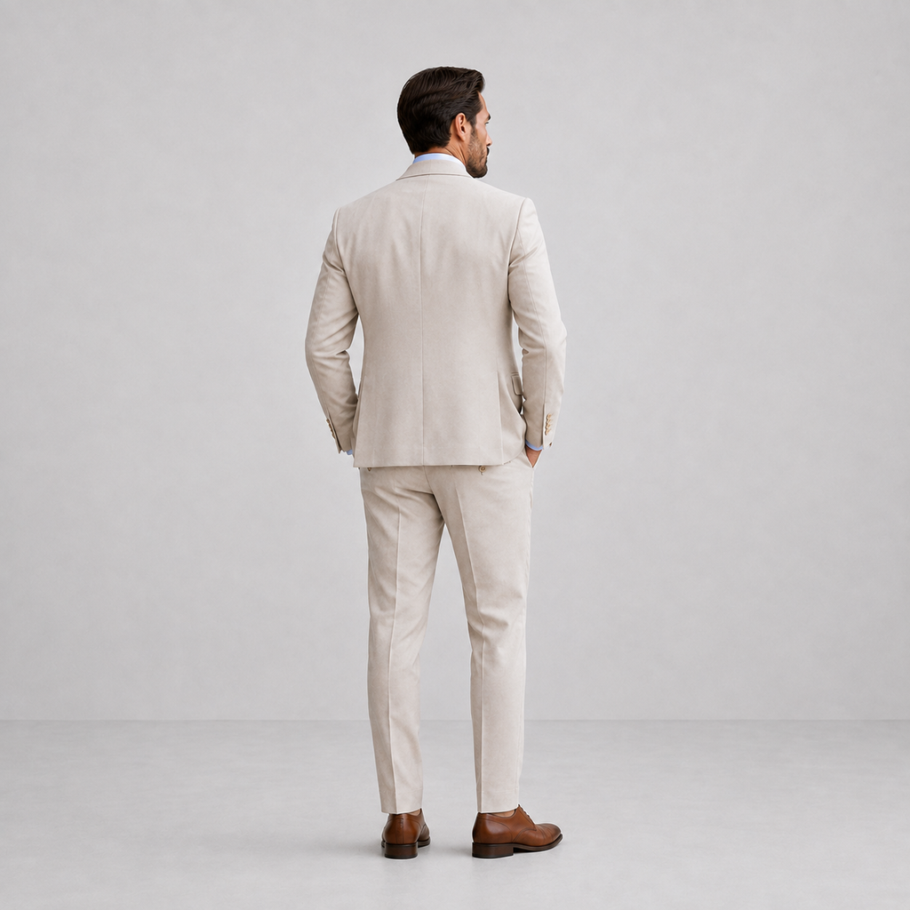 Men's three-piece suit with notched-lapel jacket, buttoned waistcoat and matching trousers