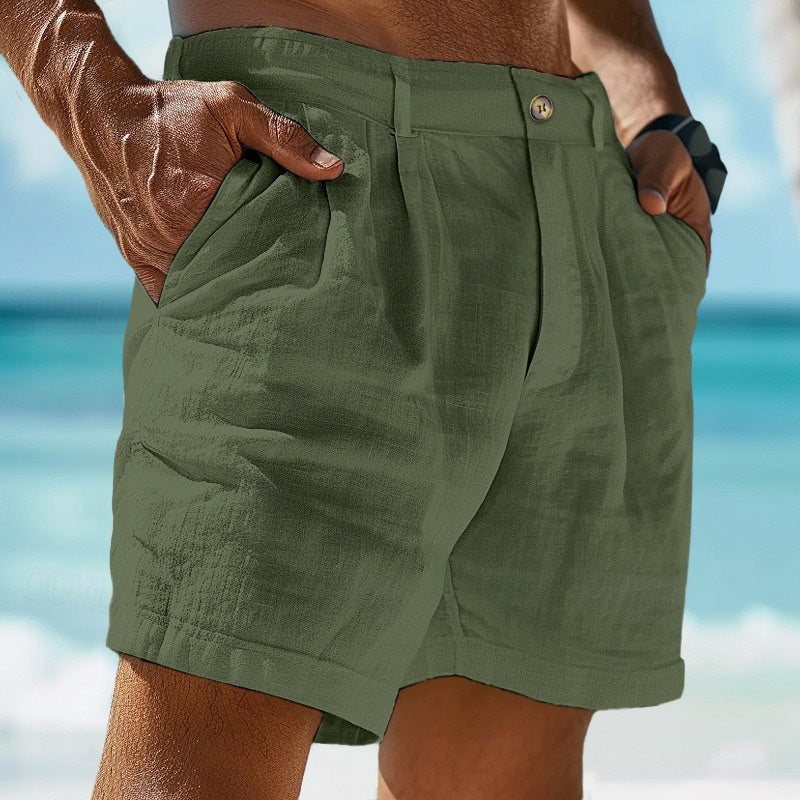 Men's plain casual shorts with button waist, side pockets and above-knee hems