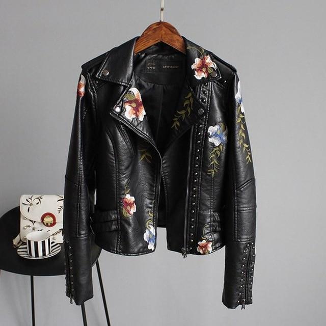 Women's cropped floral embroidered biker jacket with studded trim