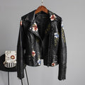Women's cropped floral embroidered biker jacket with studded trim