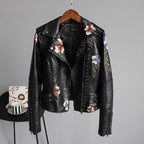Women's cropped floral embroidered biker jacket with studded trim
