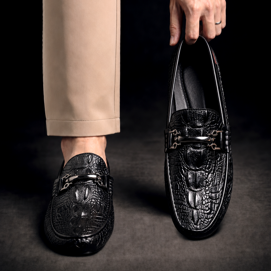 Men's croc-embossed loafers with horsebit detail and rounded toes