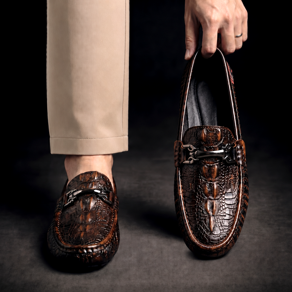 Men's croc-embossed loafers with horsebit detail and rounded toes