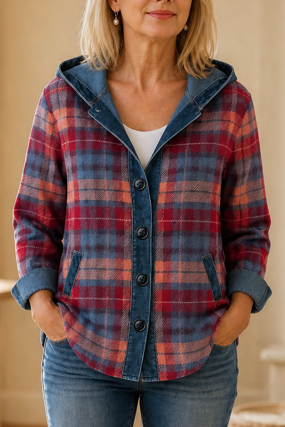 Women's hooded patchwork cardigan with button front and denim-look trim