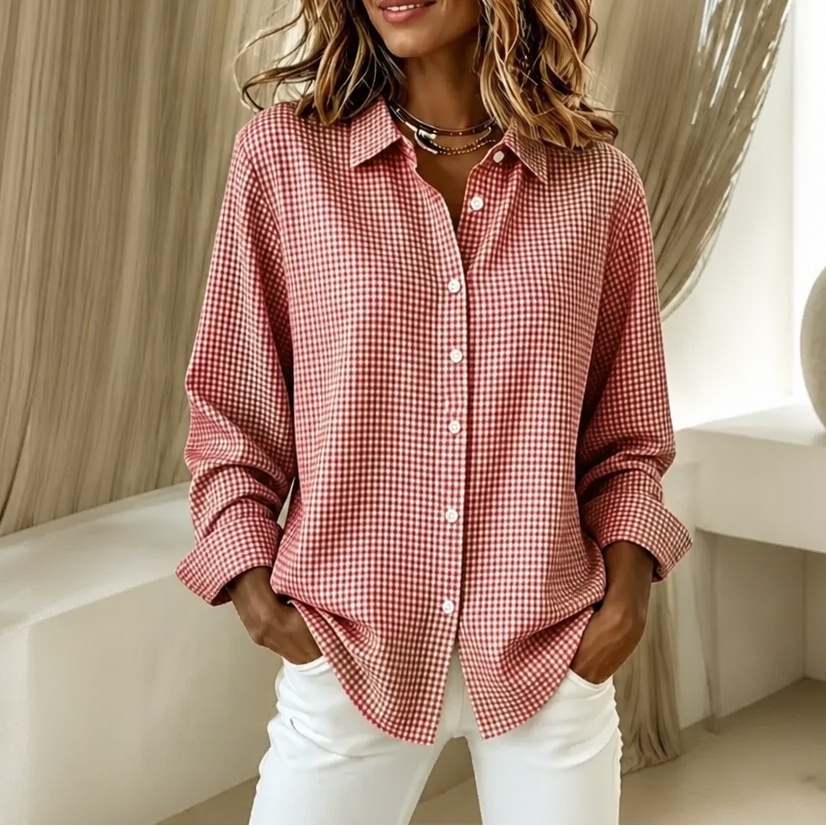 Women's relaxed-fit checked button-down shirt with pointed collar and long sleeves