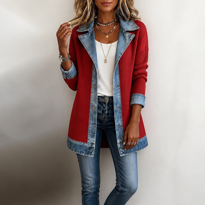 Women's ribbed longline cardigan coat with contrasting denim panels and button front