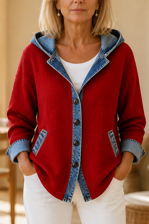 Women's hooded patchwork cardigan with button front and denim-look trim