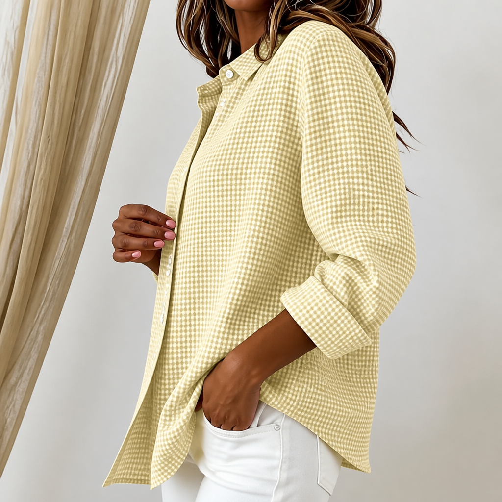 Women's relaxed-fit checked button-down shirt with pointed collar and long sleeves