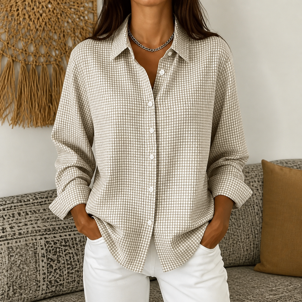 Women's relaxed-fit checked button-down shirt with pointed collar and long sleeves