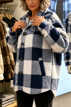 Women's checked button-front overshirt jacket with long sleeves and pockets