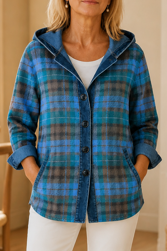 Women's hooded patchwork cardigan with button front and denim-look trim