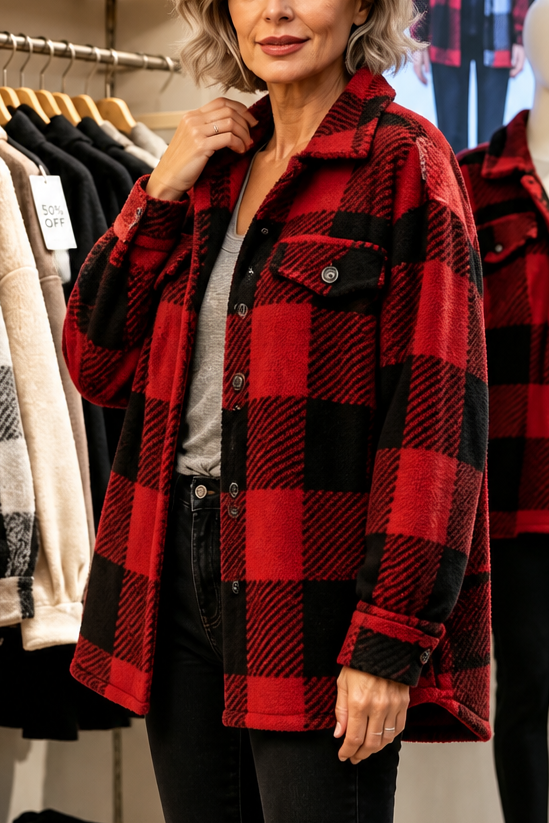 Women's checked button-front overshirt jacket with long sleeves and pockets
