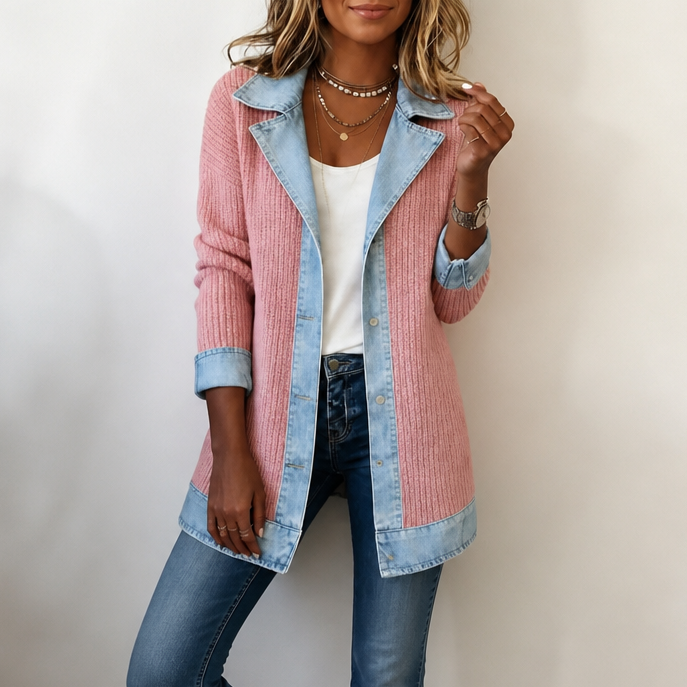 Women's ribbed longline cardigan coat with contrasting denim panels and button front