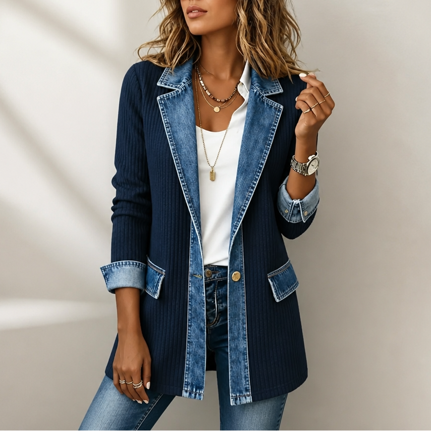 Women's ribbed longline cardigan coat with contrasting denim panels and button front