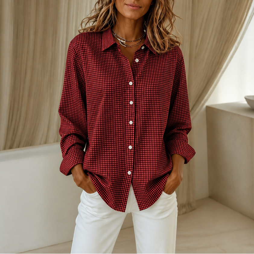 Women's relaxed-fit checked button-down shirt with pointed collar and long sleeves